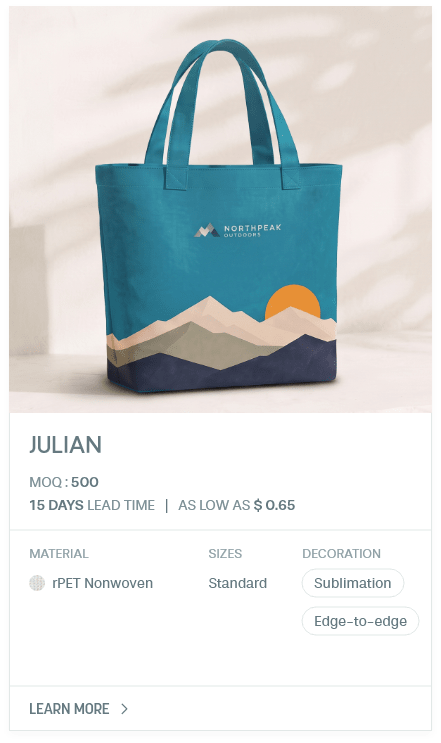Julian. MOQ : 500. 15 Days LEad Time | As low as $ 0.65. Material: rPET Nonwoven. Sizes: Standard. Decoration: Sublimation, Edge-to-edge.