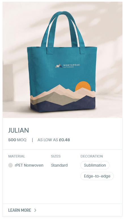 Julian. MOQ : 500. 15 Days LEad Time | As low as £0.48. Material: rPET Nonwoven. Sizes: Standard. Decoration: Sublimation, Edge-to-edge.