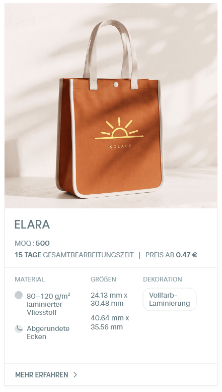 Elara. MOQ : 500. 15 Tage Gesamtbearbeitungszeit | Preis ab 0.47 €. Material: 80–120 g/m² laminierter Vliesstoff, Abgerundete Ecken. Größen: 24.13 mm x 30.48 mm, 40.64 mm x 35.56 mm. Dekoration: Vollfarb-Laminierung.
