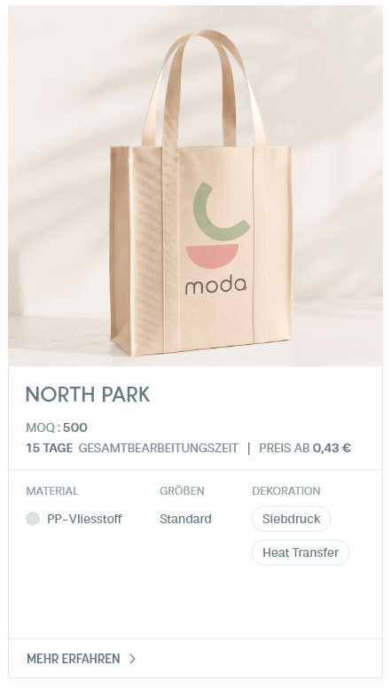 North Park. MOQ : 500. 15 Tage Gesamtbearbeitungszeit | Preis ab 0,43 €. Material: PP-Vliesstoff. Größen: Standard. Dekoration: Siebdruck, Heat Transfer.
