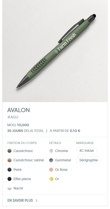 Avalon. #AGU. MOQ: 10,000. 35 jours Délai total | À partir de 0.10 €. finition du corps: Caoutchouc, Caoutchouc satiné, Peint, Effet pierre, Nacré. DÉTAILS: Chrome, Gunmetal, Or Rose, Or. Marquage: 4C InkJet, Sérigraphie.
