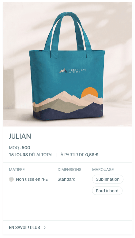 Julian. MOQ : 500. 15 Jours Délai total | À partir de 0,56 €. Matière: Non tissé en rPET. Dimensions: Standard. Marquage: Sublimation, Bord à bord.