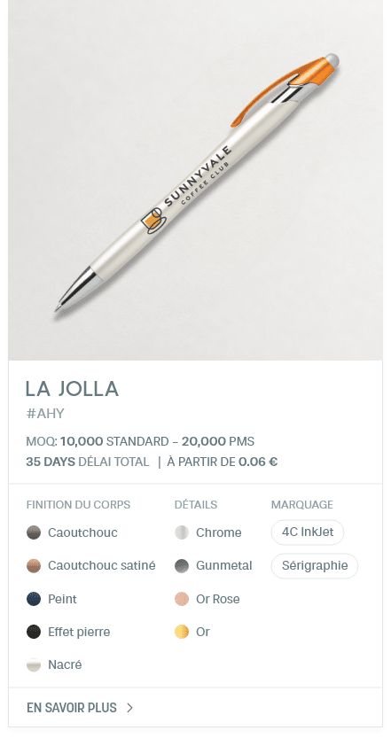 La Jolla. #AHY. MOQ: 10,000 Standard - 20,000 PMS. 35 Days Délai total | À partir de 0.06 €. finition du corps: Caoutchouc, Caoutchouc satiné, Peint, Effet pierre, Nacré. DÉTAILS: Chrome, Gunmetal, Or Rose, Or. Marquage: 4C InkJet, Sérigraphie.