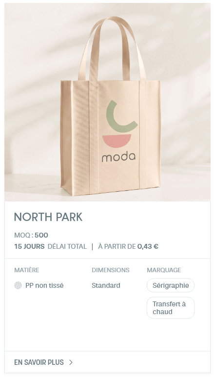 North Park. MOQ : 500. 15 Jours Délai total | À partir de 0,43 €. Matière: PP non tissé. Dimensions: Standard. Marquage: Sérigraphie, Transfert à chaud.