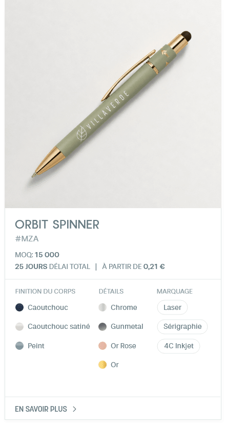 Orbit Spinner. #MZA. MOQ: 15 000. 25 Jours Délai total | À partir de 0,21 €. finition du corps: Caoutchouc, Caoutchouc satiné, Peint. DÉTAILS: Chrome, Gunmetal, Or Rose, Or. Marquage: Laser, Sérigraphie, 4C InkJet.