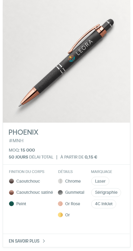 Phoenix. #MNH. MOQ: 15 000. 50 Jours Délai total | À partir de 0,15 €. finition du corps: Caoutchouc, Caoutchouc satiné, Peint. DÉTAILS: Chrome, Gunmetal, Or Rose, Or. Marquage: Laser, Sérigraphie, 4C InkJet.
