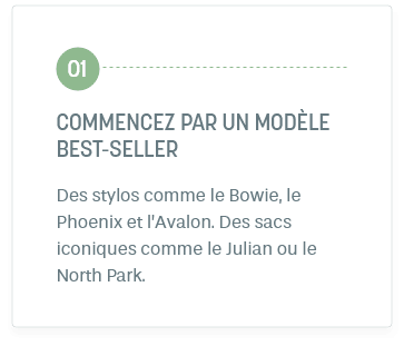 Étape 1: Commencez par un modèle best-seller. Des stylos comme le Bowie, le Phoenix et l’Avalon. Des sacs iconiques comme le Julian ou le North Park.