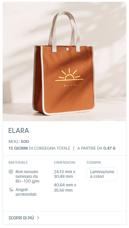 Elara. MOQ : 500. 15 giorni di consegna totale | A partire da 0.47 €. Materiale: Non tessuto laminato da 80–120 g/m, Angoli arrotondati. Dimensioni: 24.13 mm x 30.48 mm, 40.64 mm x 35.56 mm. STAMPA: Laminazione a colori.