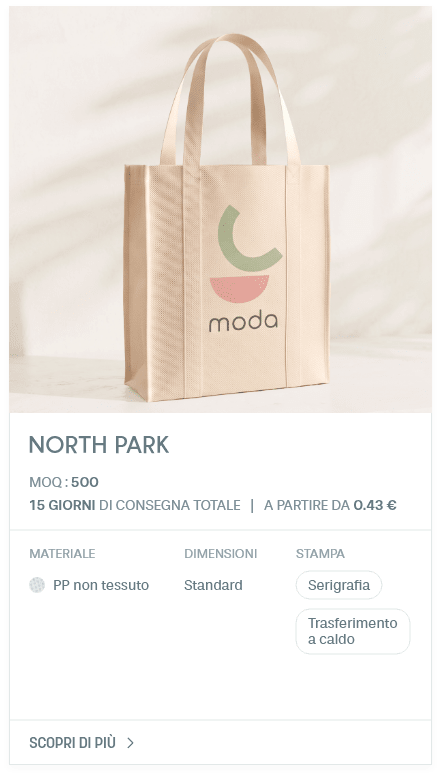 North Park. MOQ : 500. 15 giorni di consegna totale | A partire da 0.43 €. Materiale: PP non tessuto. Dimensioni: Standard. STAMPA: Serigrafia, Trasferimento a caldo.