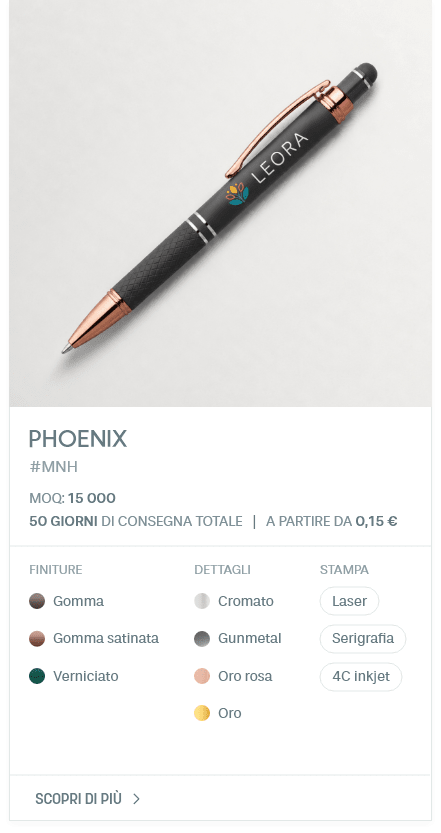 Phoenix. #MNH. MOQ: 15 000. 50 giorni di consegna totale | A partire da 0,15 €. FINITURE: Gomma, Gomma satinata, Verniciato. DETTAGLI: Cromato, Gunmetal, Oro rosa, Oro. STAMPA: Laser, Serigrafia, 4C inkjet.