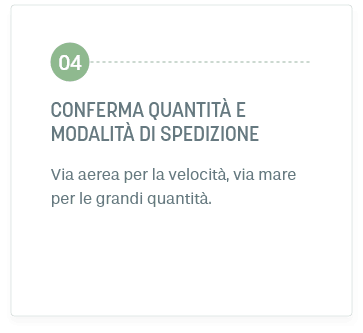Fase 4: CONFERMA quantità e modalità di spedizione. Via aerea per la velocità, via mare per le grandi quantità.