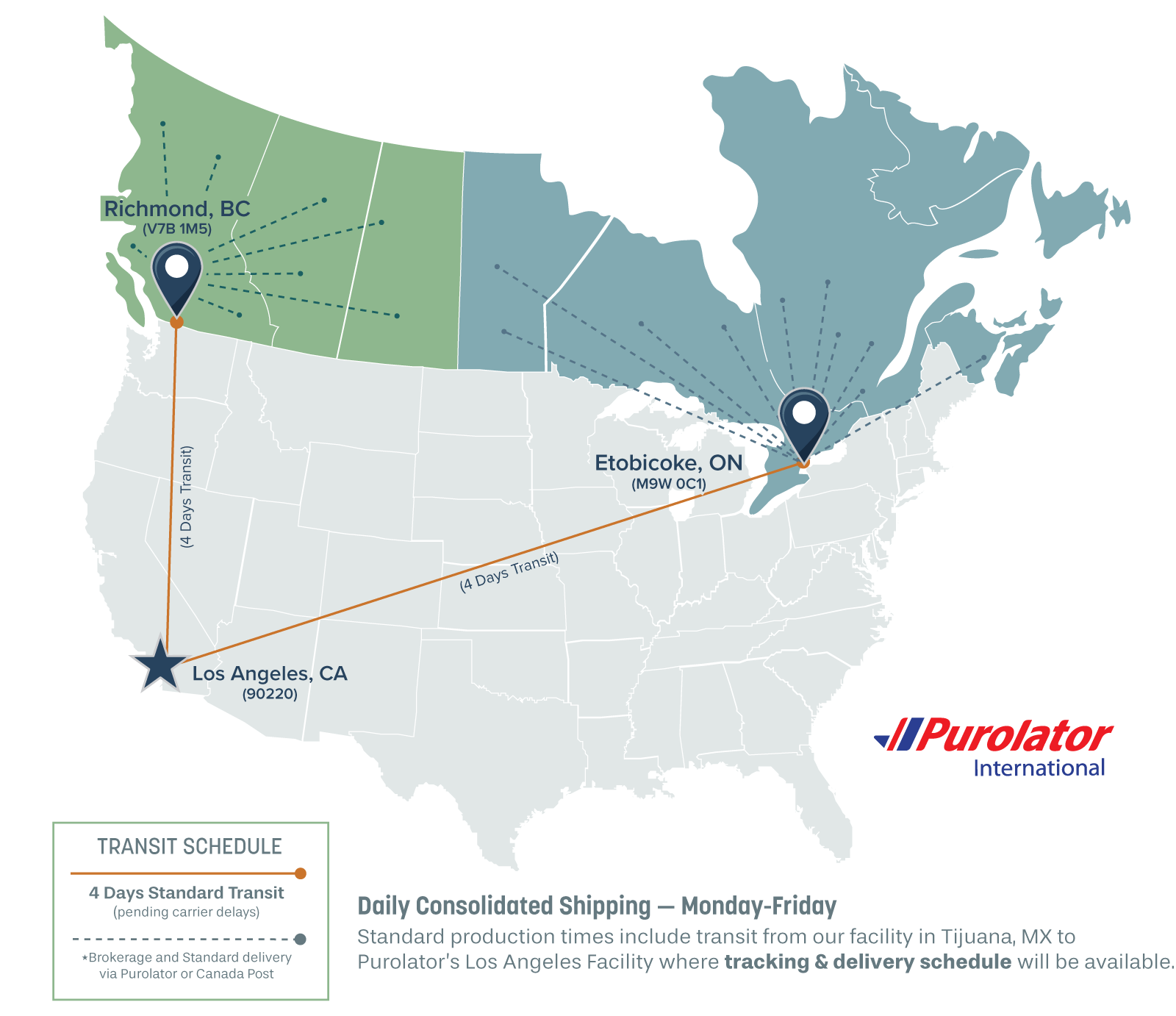 USA and Canada delivery map