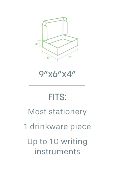 9"x6"x4" box. Fits: most stationery, 1 drinkware piece, up to 10 writing instruments.