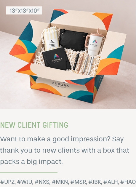 New client gifting kit in a 13"x13"x10" box: want to make a good impression? Say thank you to new clients with a box that packs a big impact. #UPZ, #WJU, #NXS, #MKN, #MSR, #JBK, #ALH, #HAO