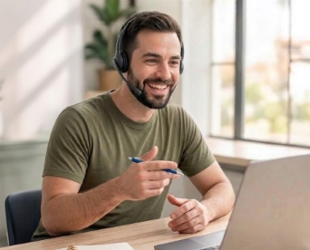 Smiling customer service representative wearing a headset